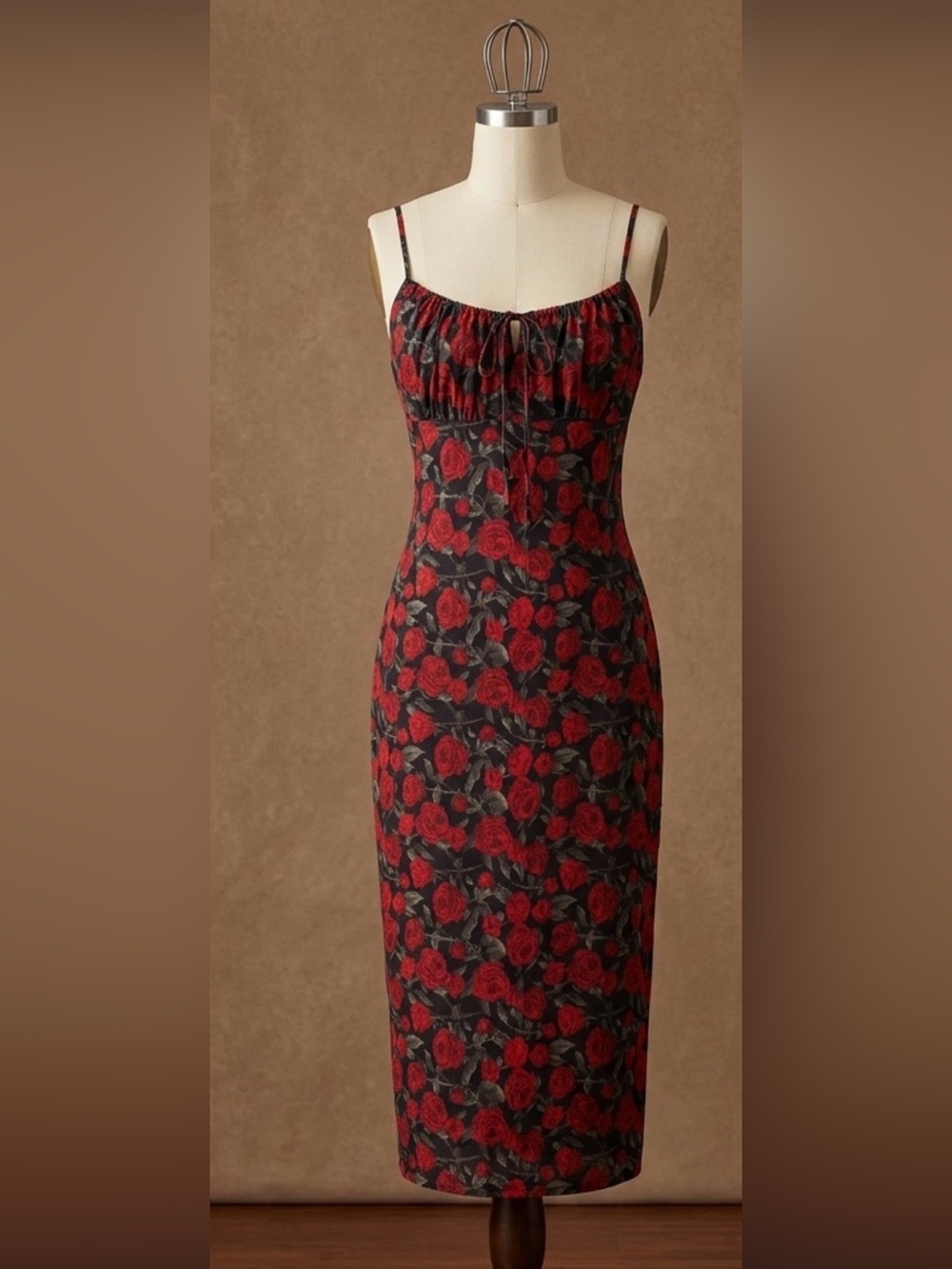 Fitted Red Rose Print Midi Dress